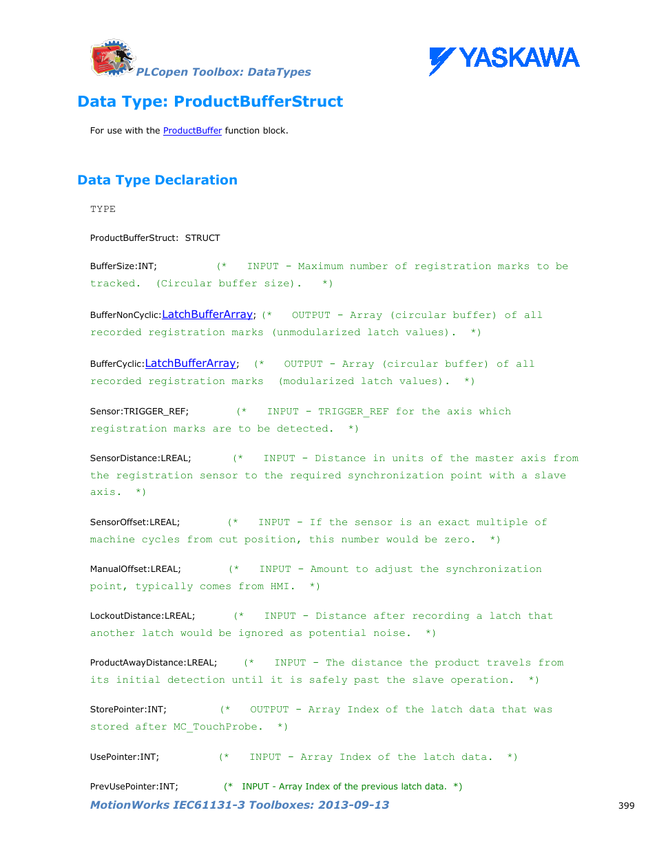 Data type: productbufferstruct, Data type declaration, Productbufferstruct | Yaskawa MotionWorks IEC Toolboxes User Manual | Page 412 / 592