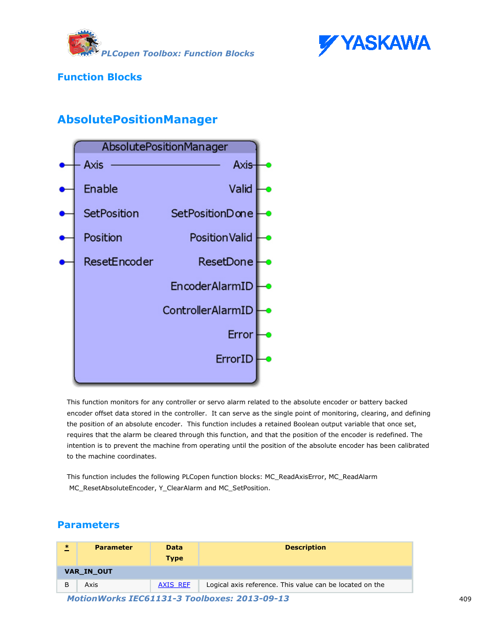Function blocks, Absolutepositionmanager, Parameters | Yaskawa MotionWorks IEC Toolboxes User Manual | Page 422 / 592