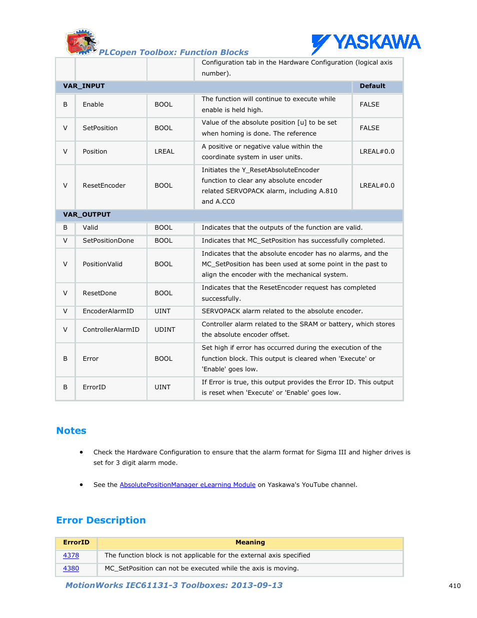 Notes, Error description | Yaskawa MotionWorks IEC Toolboxes User Manual | Page 423 / 592