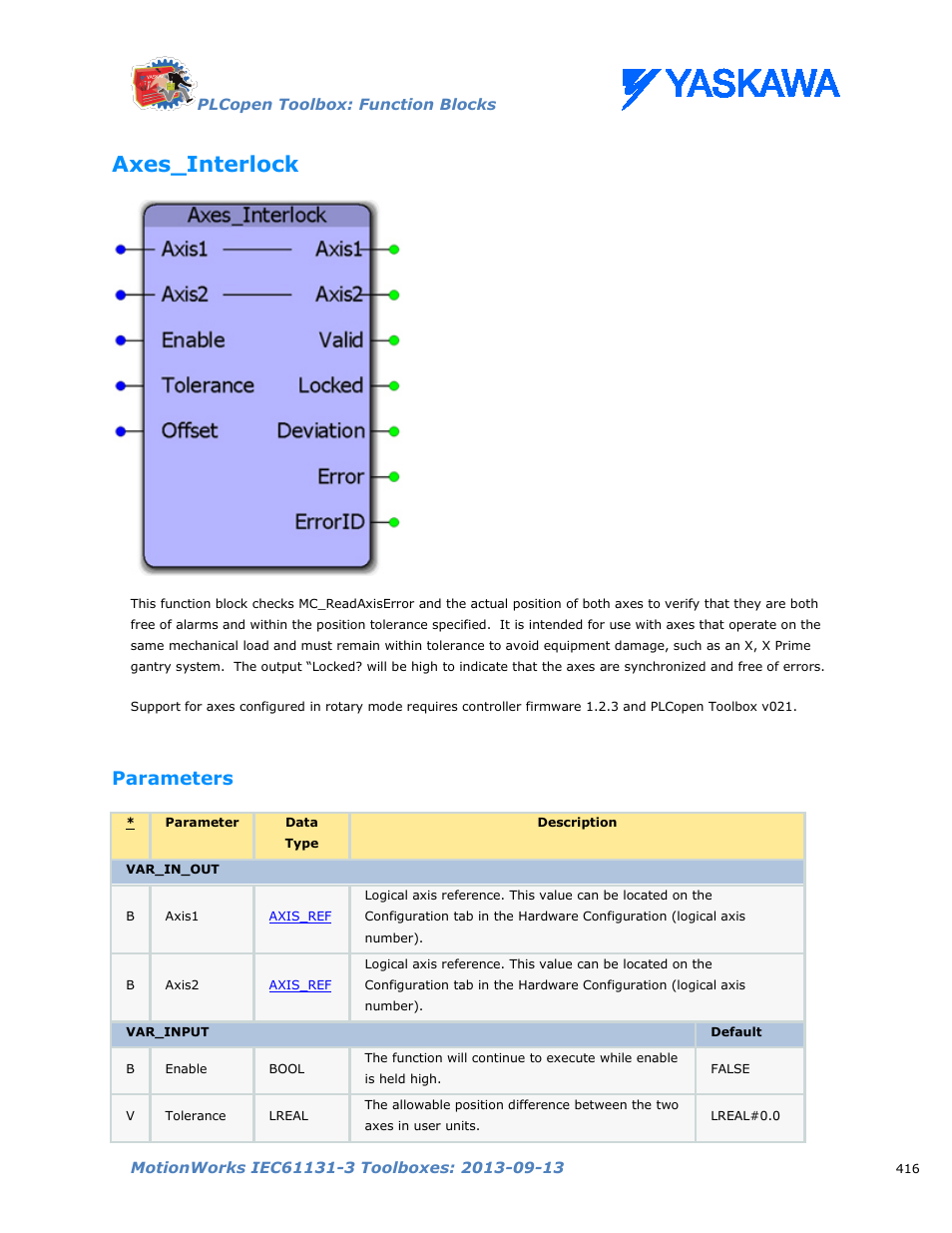 Axes_interlock, Parameters | Yaskawa MotionWorks IEC Toolboxes User Manual | Page 429 / 592