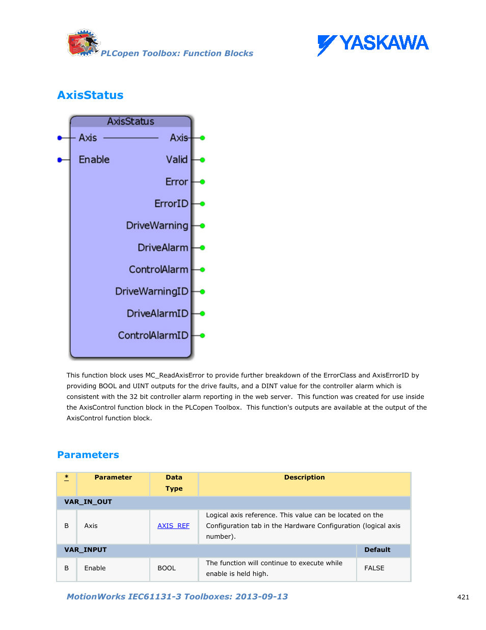 Axisstatus, Parameters | Yaskawa MotionWorks IEC Toolboxes User Manual | Page 434 / 592