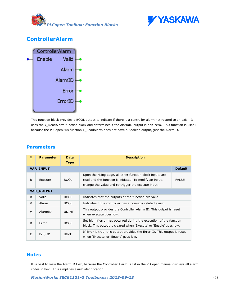 Controlleralarm, Parameters, Notes | Yaskawa MotionWorks IEC Toolboxes User Manual | Page 436 / 592