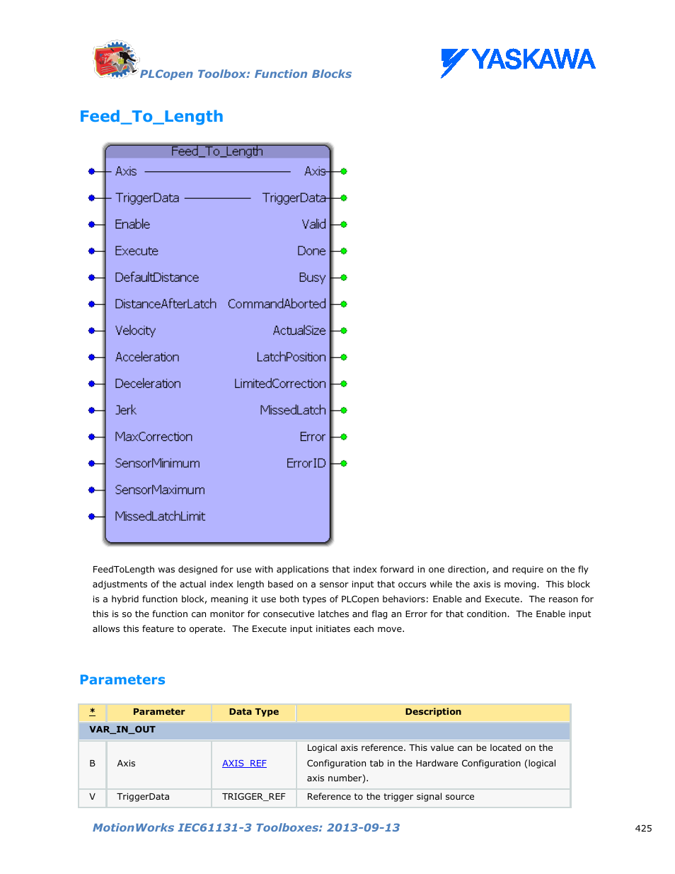 Feed_to_length, Parameters | Yaskawa MotionWorks IEC Toolboxes User Manual | Page 438 / 592