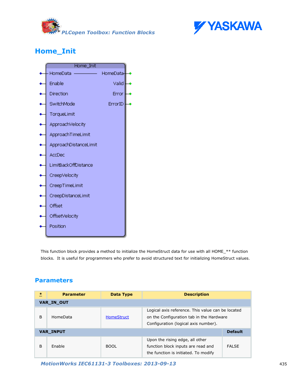 Home_init, Parameters | Yaskawa MotionWorks IEC Toolboxes User Manual | Page 448 / 592