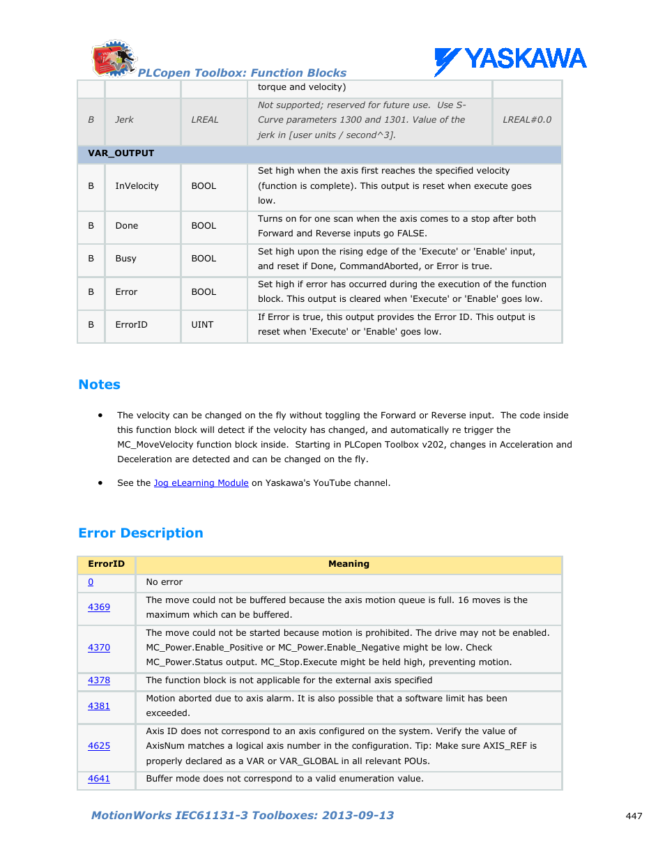 Notes, Error description | Yaskawa MotionWorks IEC Toolboxes User Manual | Page 460 / 592