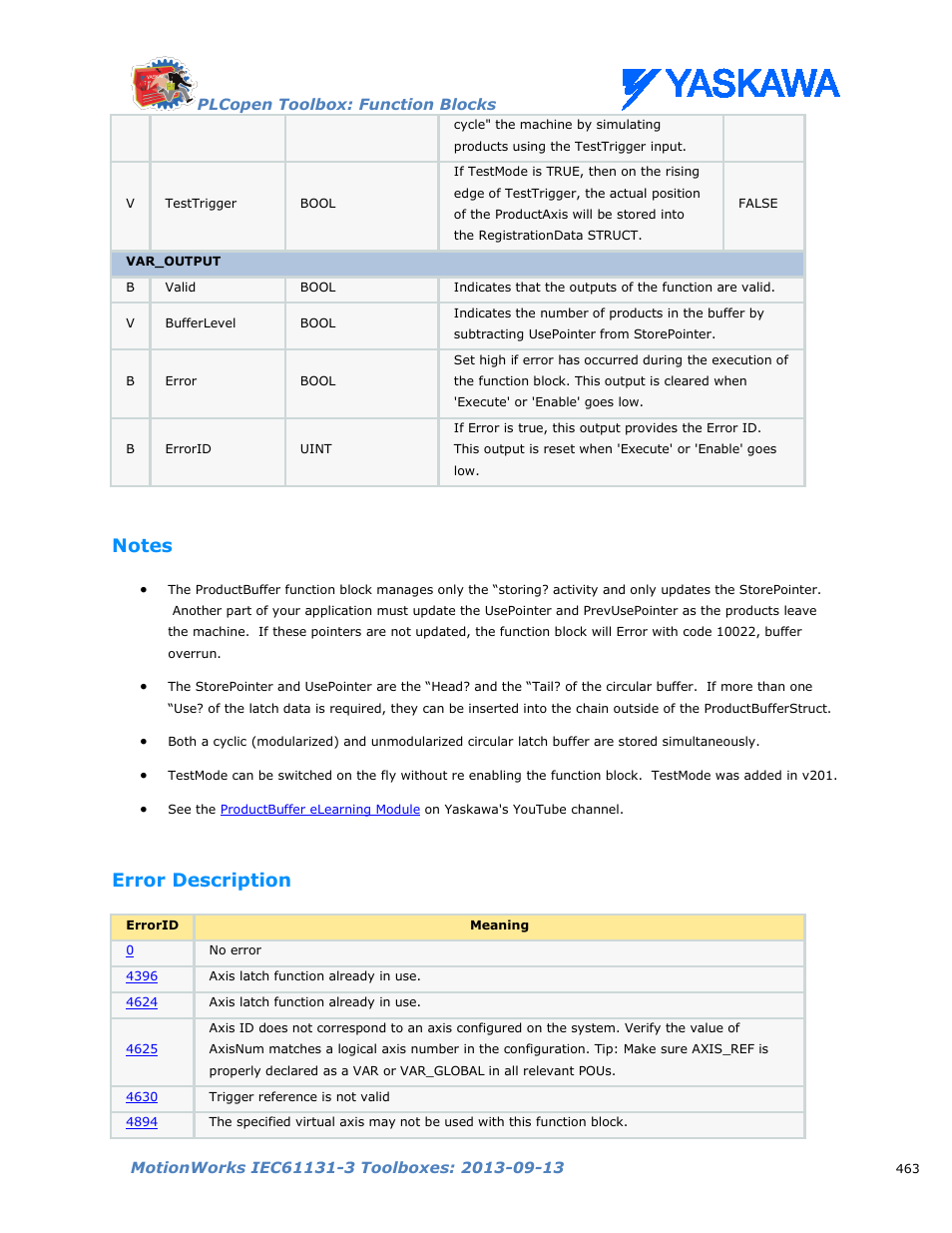 Notes, Error description | Yaskawa MotionWorks IEC Toolboxes User Manual | Page 476 / 592