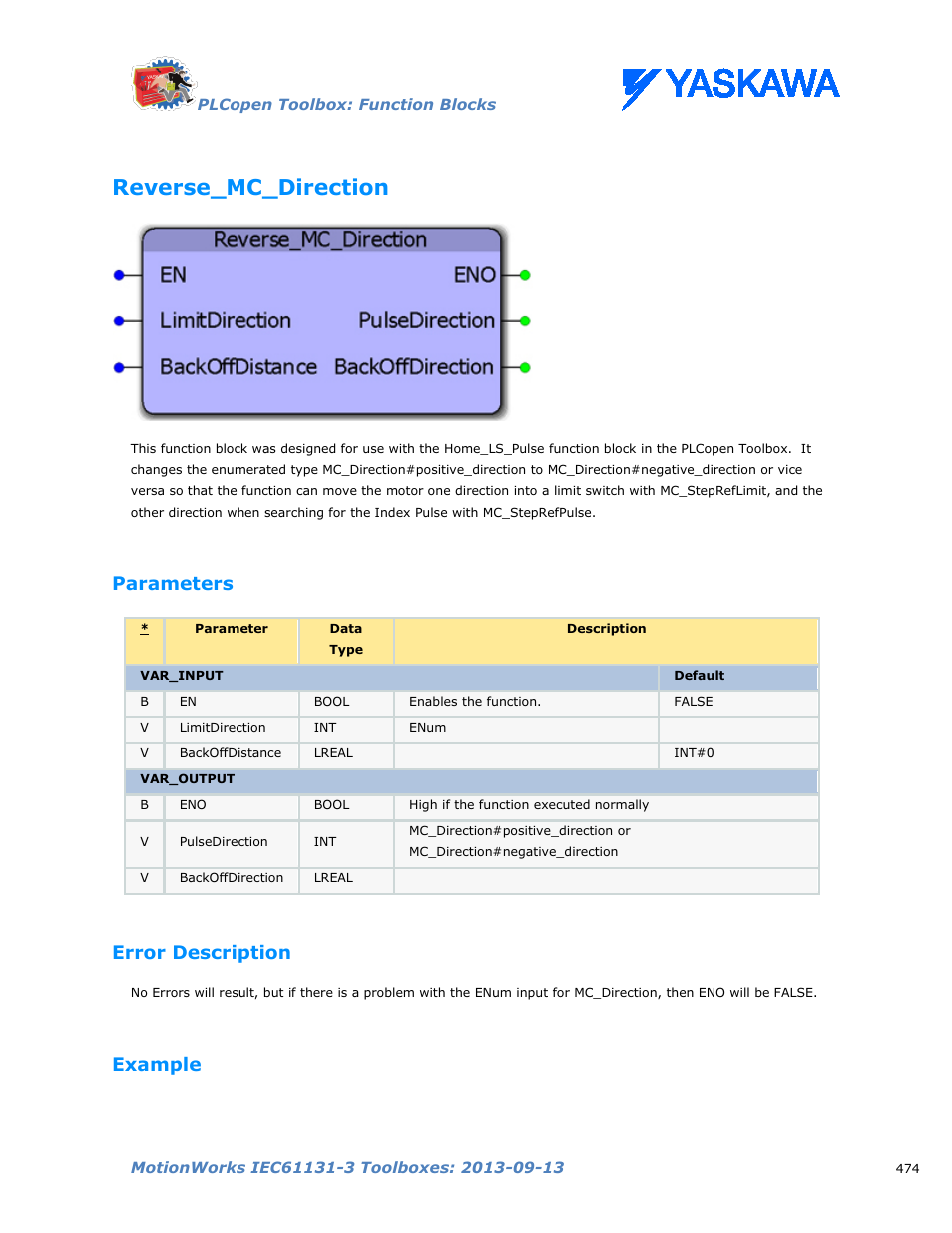 Reverse_mc_direction, Parameters, Error description | Example | Yaskawa MotionWorks IEC Toolboxes User Manual | Page 487 / 592