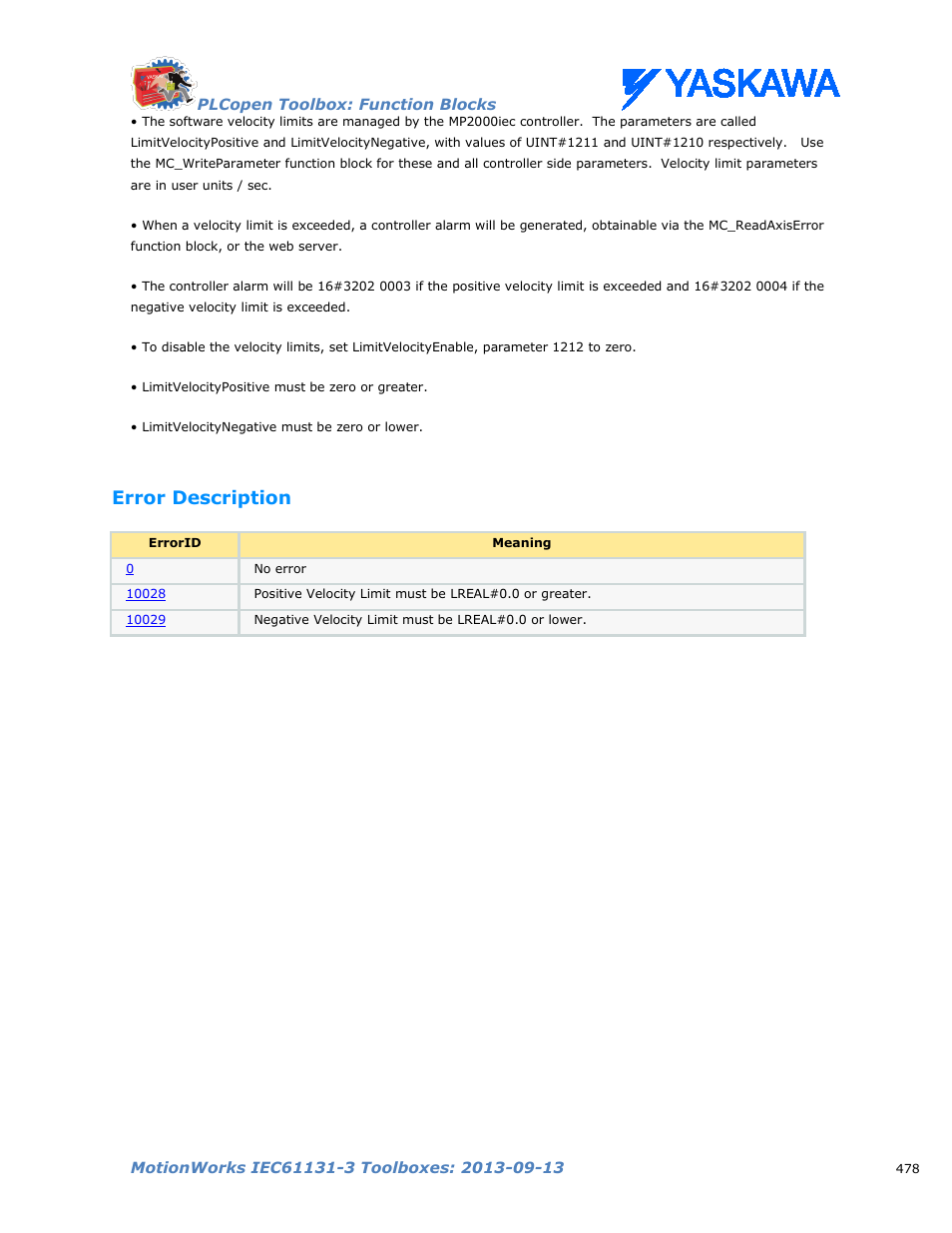 Error description | Yaskawa MotionWorks IEC Toolboxes User Manual | Page 491 / 592