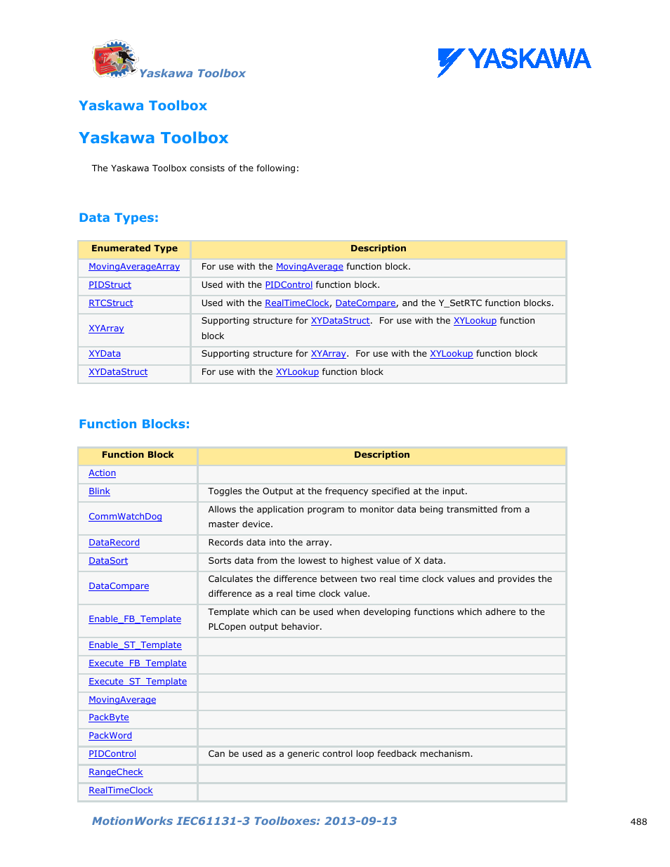 Yaskawa toolbox, Data types, Function blocks | Yaskawa MotionWorks IEC Toolboxes User Manual | Page 501 / 592