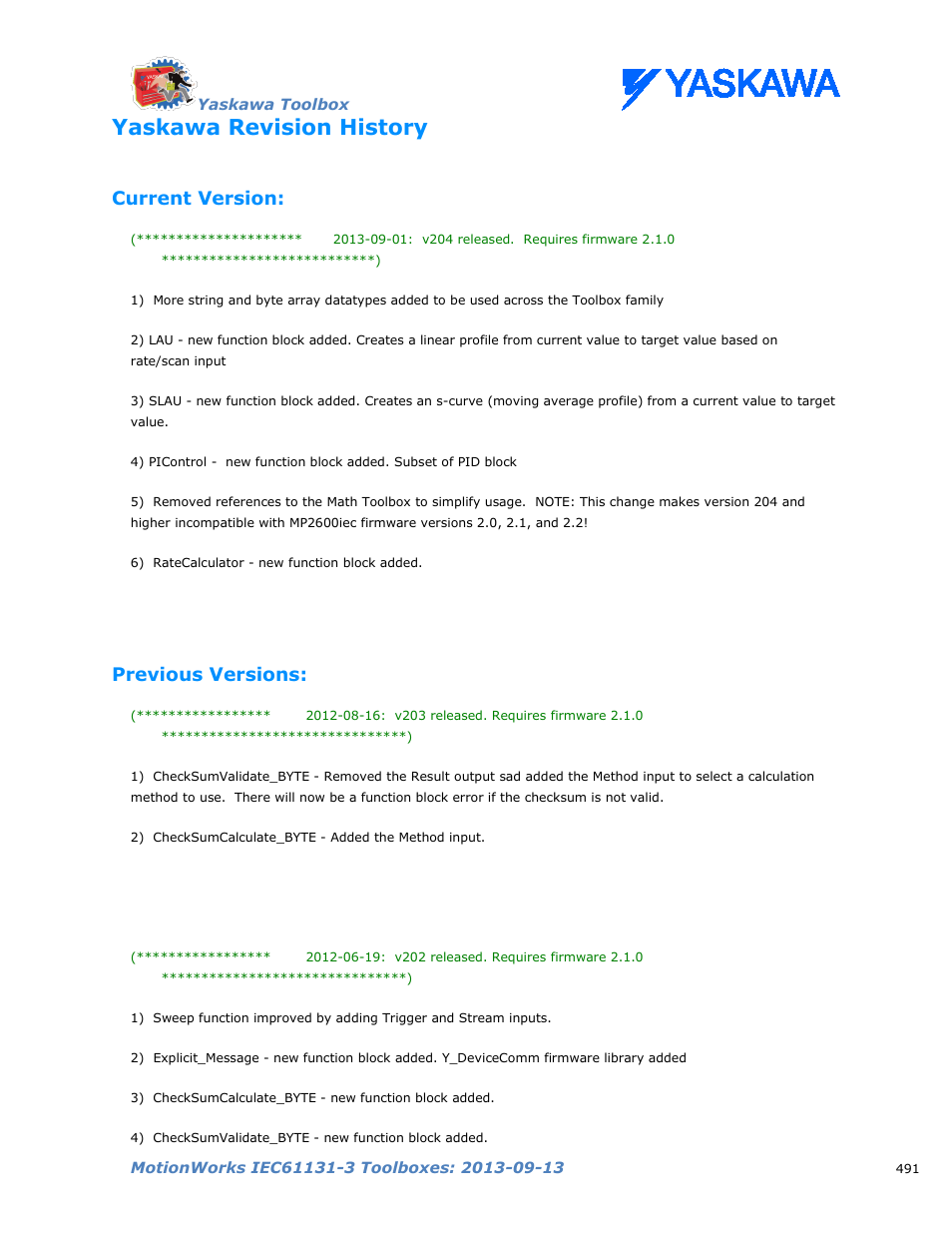 Yaskawa revision history, Current version, Previous versions | Yaskawa MotionWorks IEC Toolboxes User Manual | Page 504 / 592