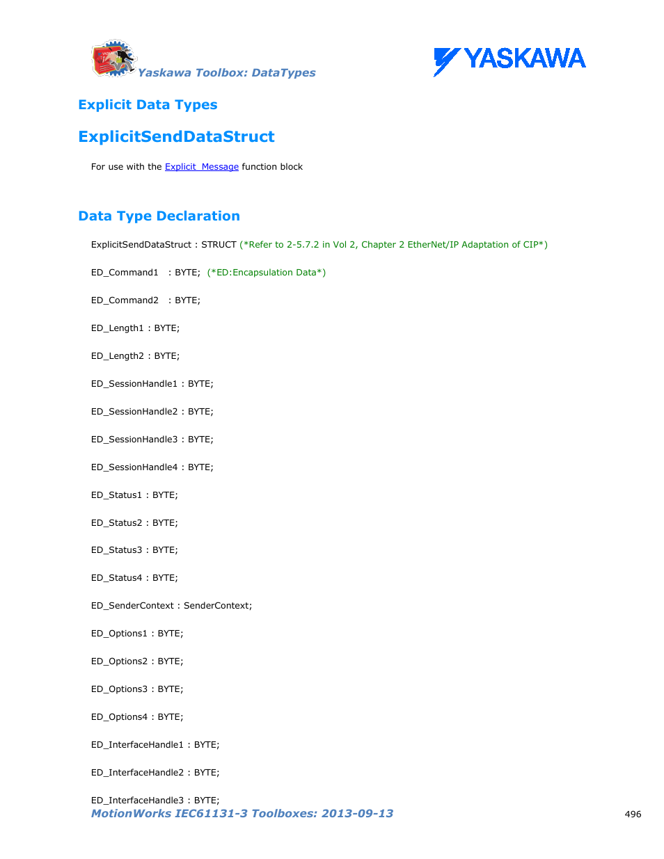 Explicit data types, Explicitsenddatastruct, Data type declaration | Yaskawa MotionWorks IEC Toolboxes User Manual | Page 509 / 592