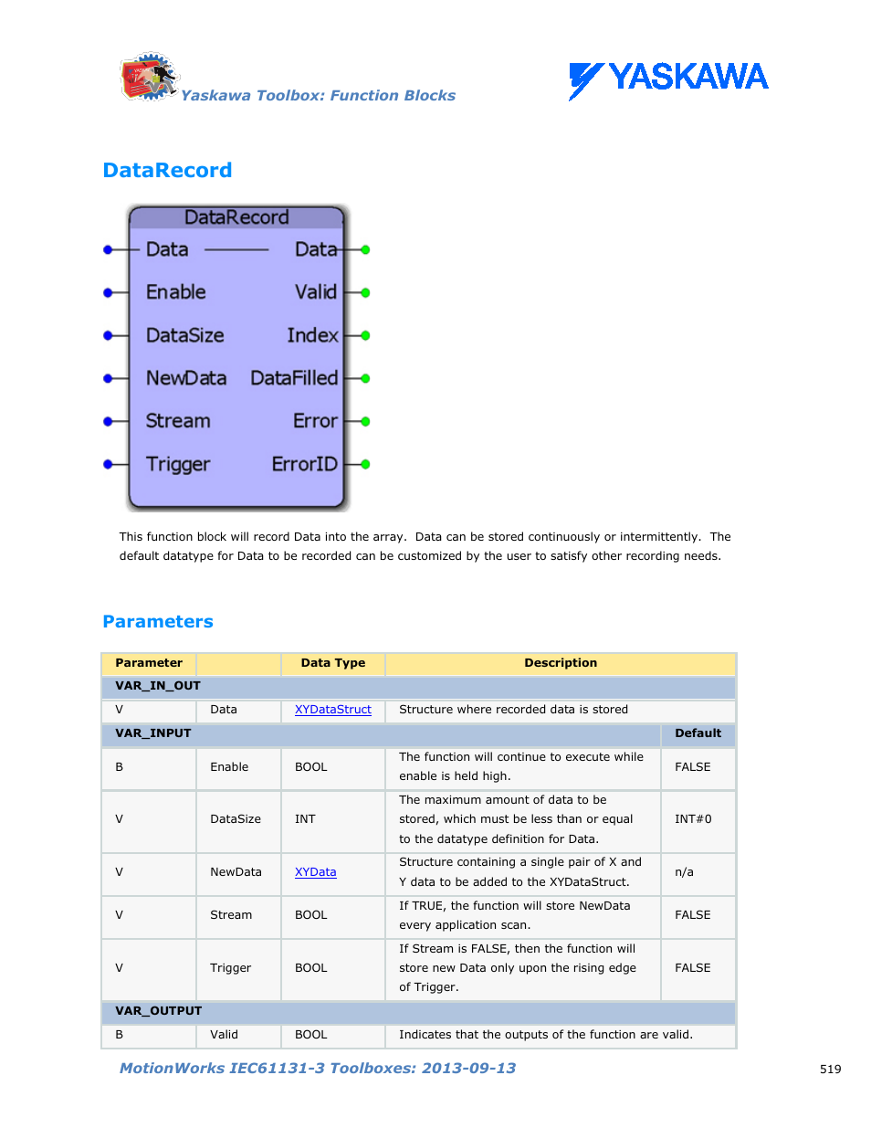 Datarecord, Parameters | Yaskawa MotionWorks IEC Toolboxes User Manual | Page 532 / 592