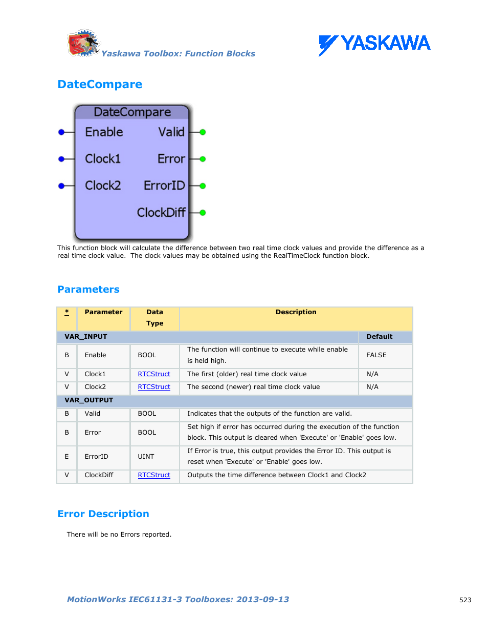 Datecompare, Parameters, Error description | Datacompare | Yaskawa MotionWorks IEC Toolboxes User Manual | Page 536 / 592