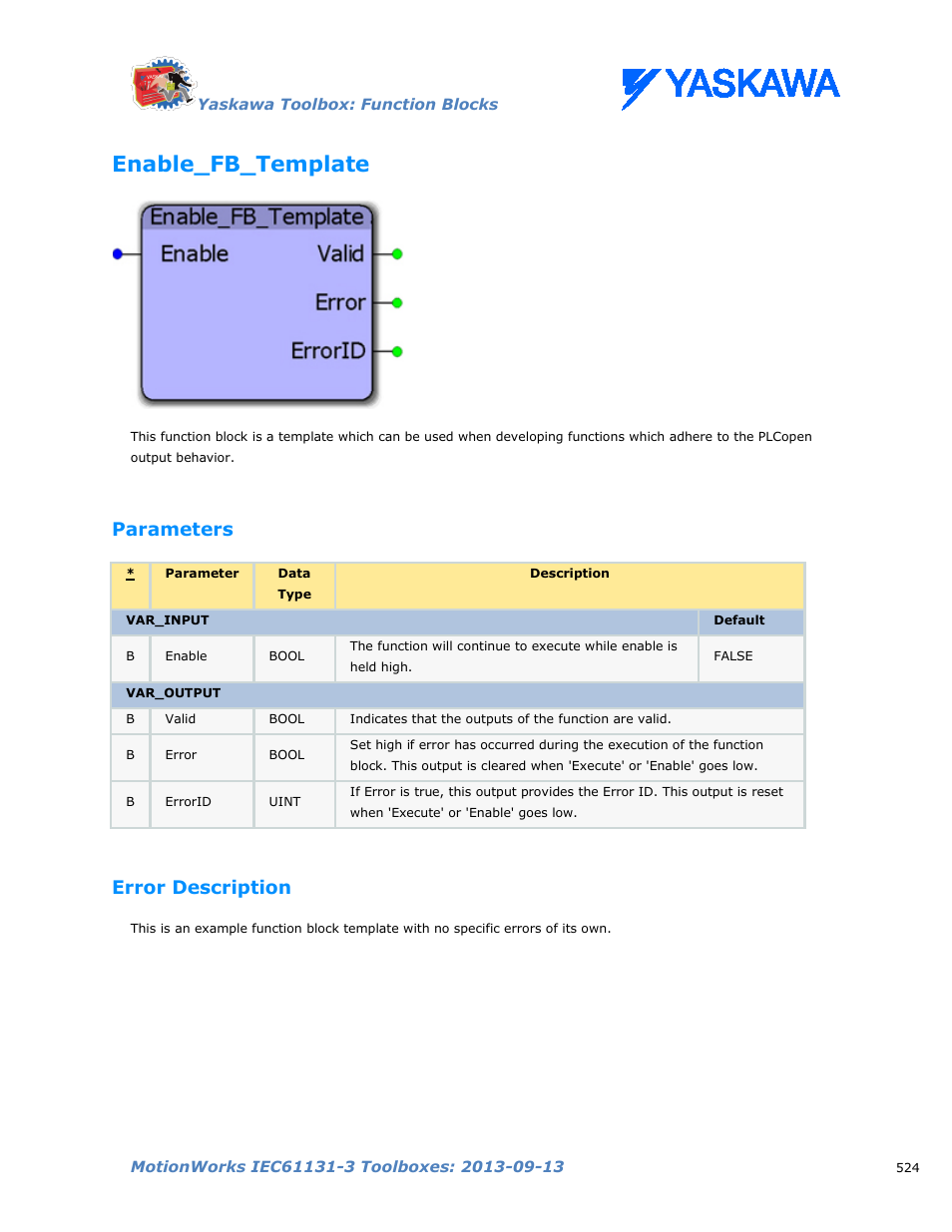 Enable_fb_template, Parameters, Error description | Yaskawa MotionWorks IEC Toolboxes User Manual | Page 537 / 592