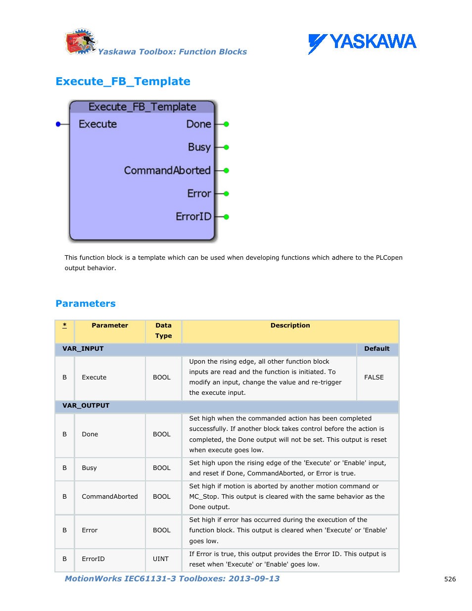 Execute_fb_template, Parameters | Yaskawa MotionWorks IEC Toolboxes User Manual | Page 539 / 592