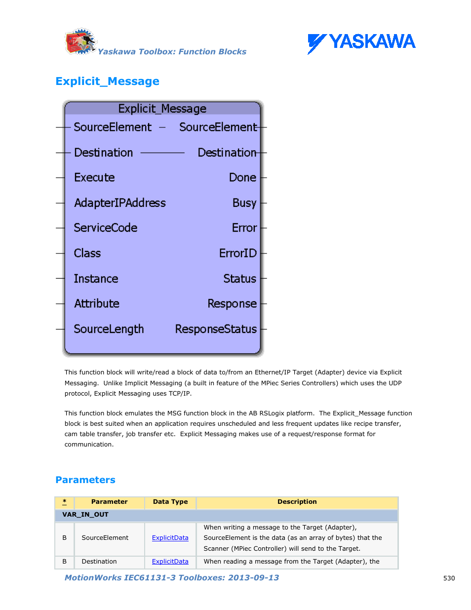 Explicit_message, Parameters | Yaskawa MotionWorks IEC Toolboxes User Manual | Page 543 / 592