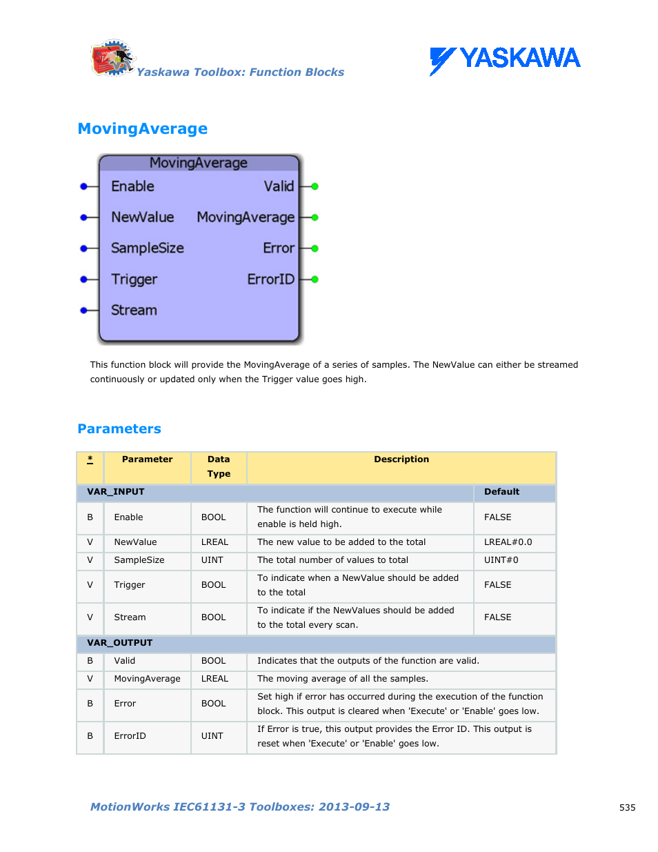 Movingaverage, Parameters | Yaskawa MotionWorks IEC Toolboxes User Manual | Page 548 / 592
