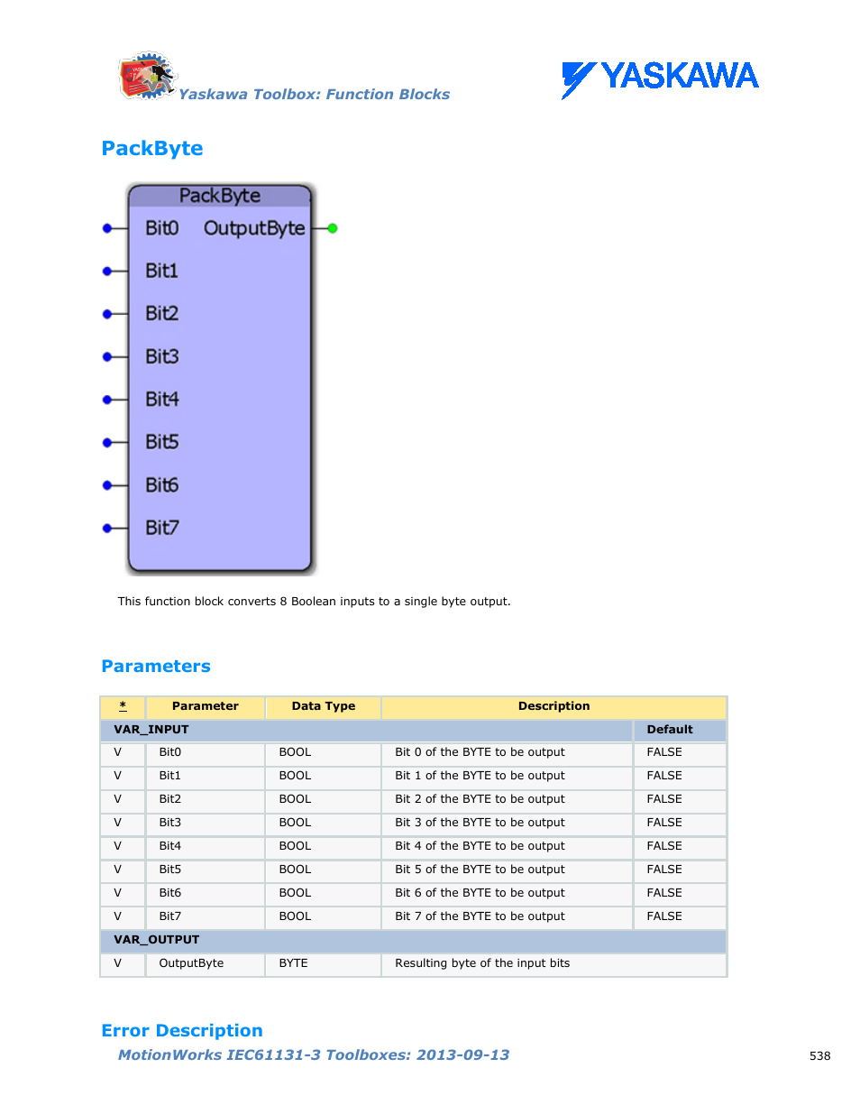 Packbyte, Parameters, Error description | Yaskawa MotionWorks IEC Toolboxes User Manual | Page 551 / 592