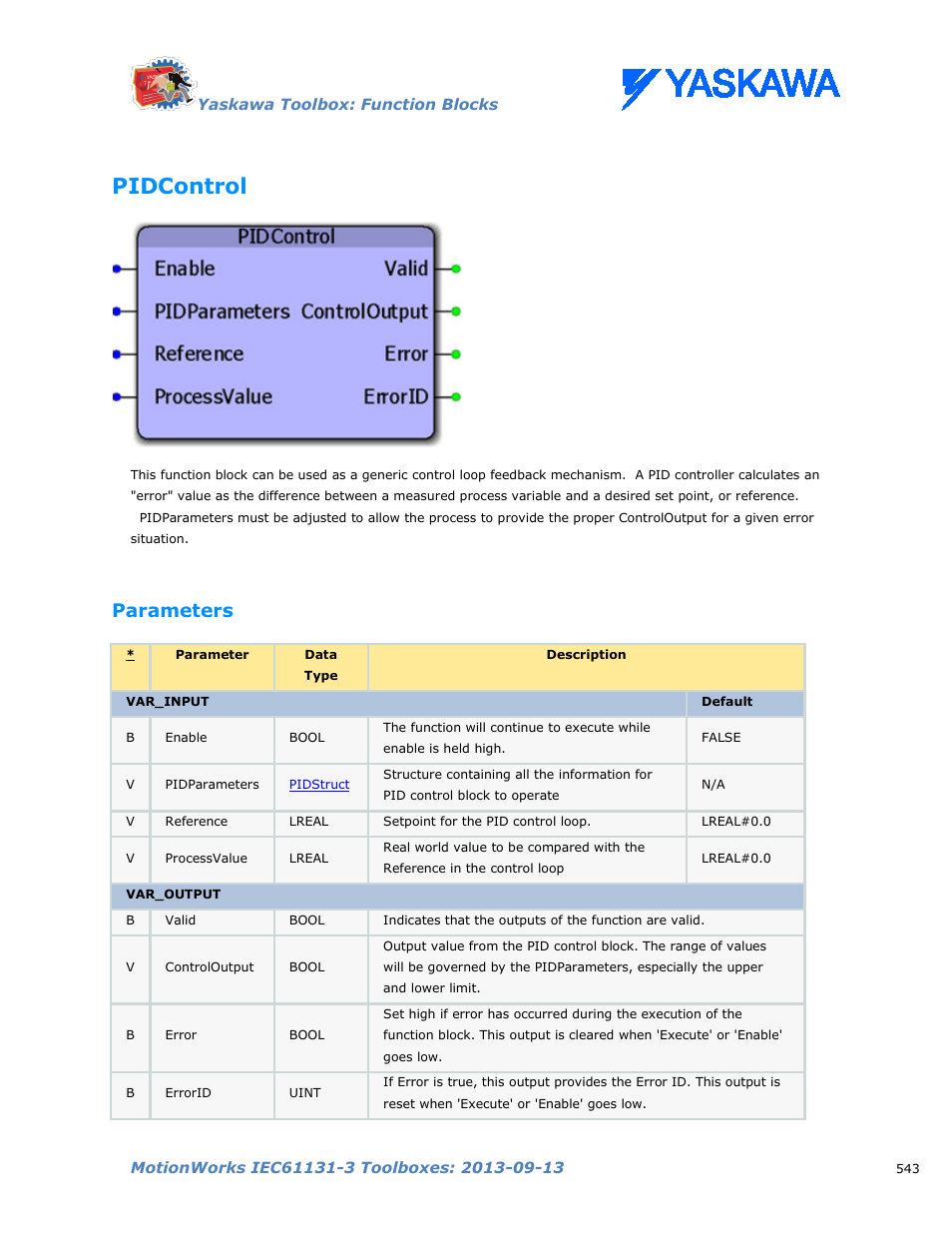 Pidcontrol, Parameters | Yaskawa MotionWorks IEC Toolboxes User Manual | Page 556 / 592