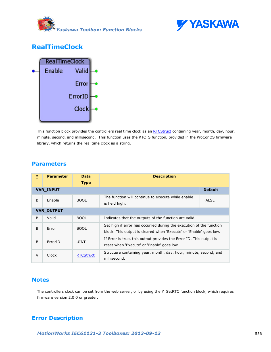 Realtimeclock, Parameters, Notes | Error description | Yaskawa MotionWorks IEC Toolboxes User Manual | Page 569 / 592