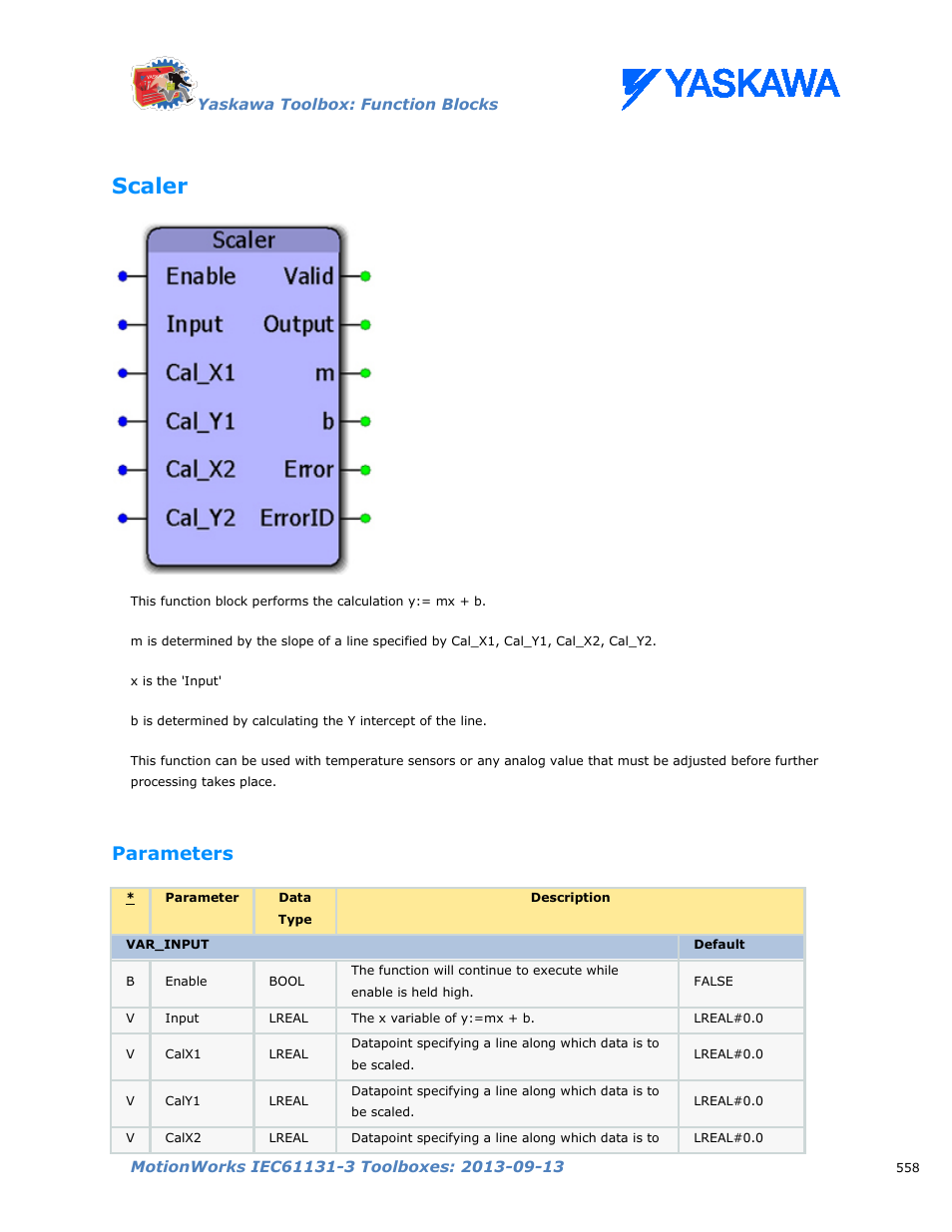 Scaler, Parameters | Yaskawa MotionWorks IEC Toolboxes User Manual | Page 571 / 592