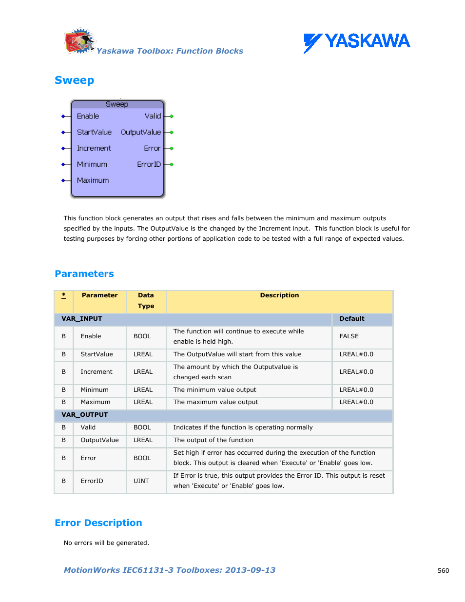 Sweep, Parameters, Error description | Yaskawa MotionWorks IEC Toolboxes User Manual | Page 573 / 592