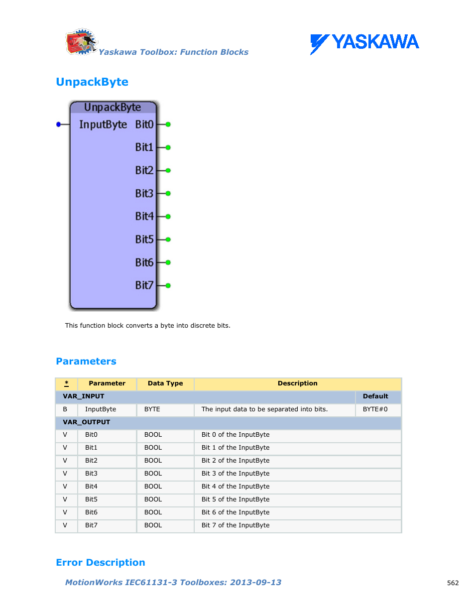Unpackbyte, Parameters, Error description | Yaskawa MotionWorks IEC Toolboxes User Manual | Page 575 / 592