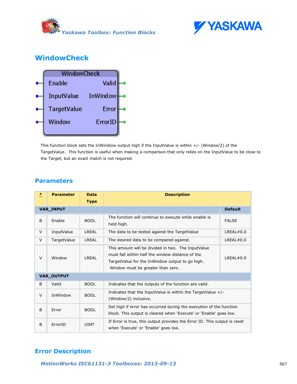 Windowcheck, Parameters, Error description | Yaskawa MotionWorks IEC Toolboxes User Manual | Page 580 / 592
