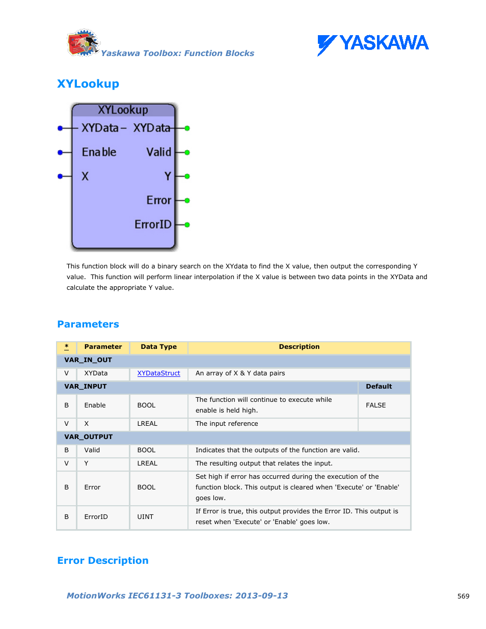 Xylookup, Parameters, Error description | Yaskawa MotionWorks IEC Toolboxes User Manual | Page 582 / 592