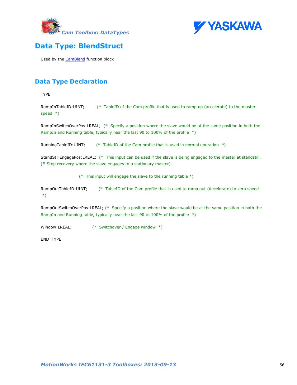 Data type: blendstruct, Data type declaration, Blendstruct | Yaskawa MotionWorks IEC Toolboxes User Manual | Page 69 / 592