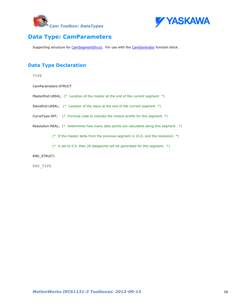 Data type: camparameters, Data type declaration, Camparameters | Yaskawa MotionWorks IEC Toolboxes User Manual | Page 71 / 592