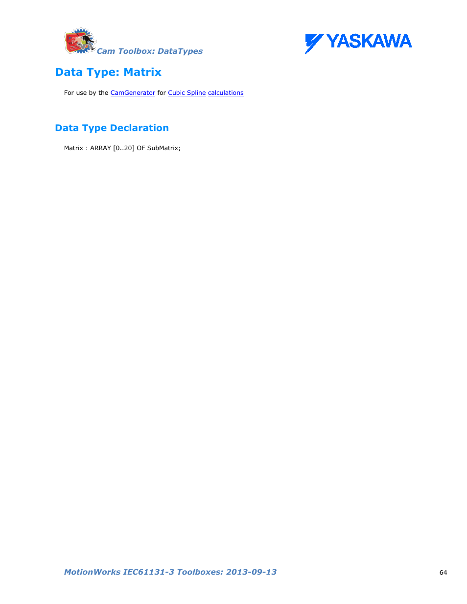Data type: matrix, Data type declaration, Matrix | Yaskawa MotionWorks IEC Toolboxes User Manual | Page 77 / 592