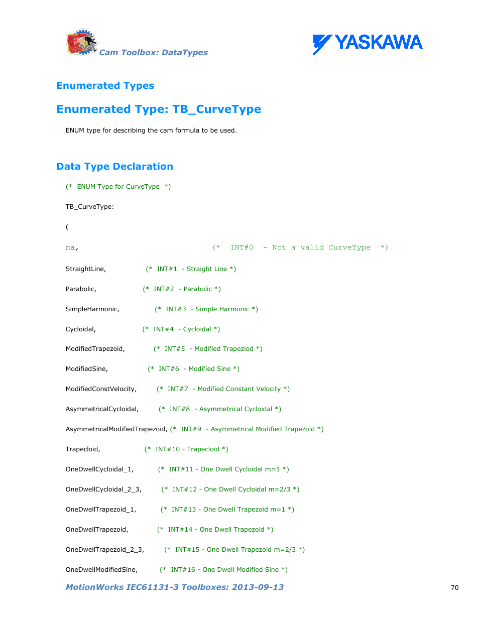 Enumerated types, Enumerated type: tb_curvetype, Data type declaration | Tb_curvetype | Yaskawa MotionWorks IEC Toolboxes User Manual | Page 83 / 592