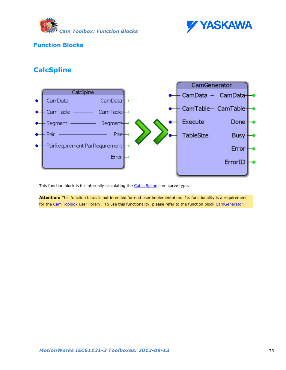 Function blocks, Calcspline, Calculations | Yaskawa MotionWorks IEC Toolboxes User Manual | Page 86 / 592