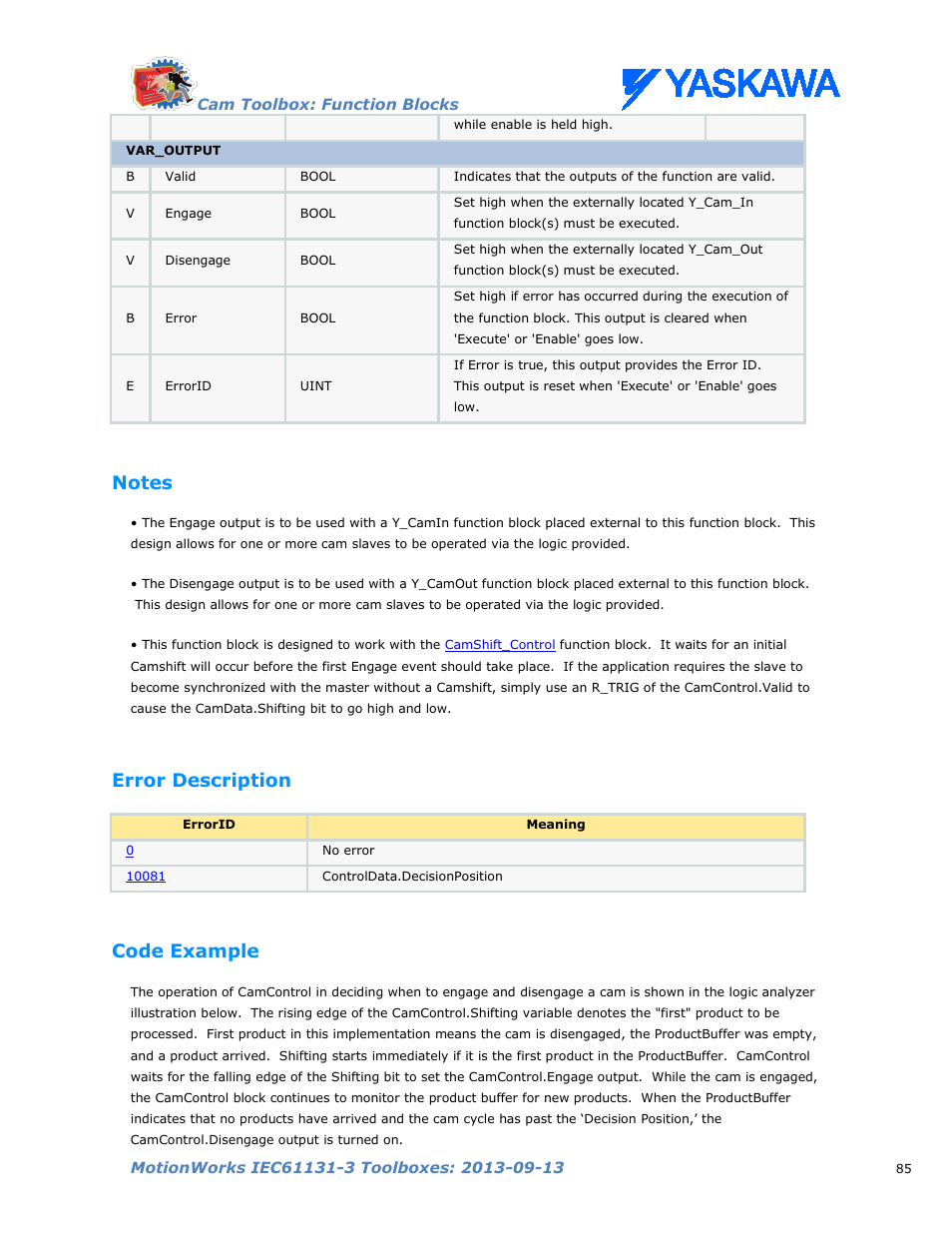 Notes, Error description, Code example | Yaskawa MotionWorks IEC Toolboxes User Manual | Page 98 / 592