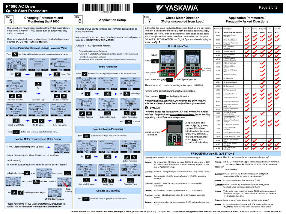 P1000 ac drive quick start procedure, Page 2 of 2, Check motor direction (motor uncoupled from load) | Changing parameters and monitoring the p1000, Application setup, Frequently asked questions | Yaskawa P1000 AC Drive User Manual | Page 2 / 2