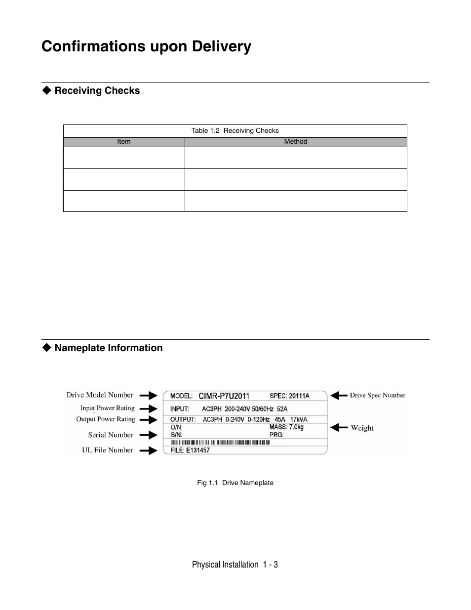 Confirmations upon delivery, Confirmations upon delivery -3, Receiving checks | Nameplate information | Yaskawa P7 Drive User Manual User Manual | Page 13 / 252