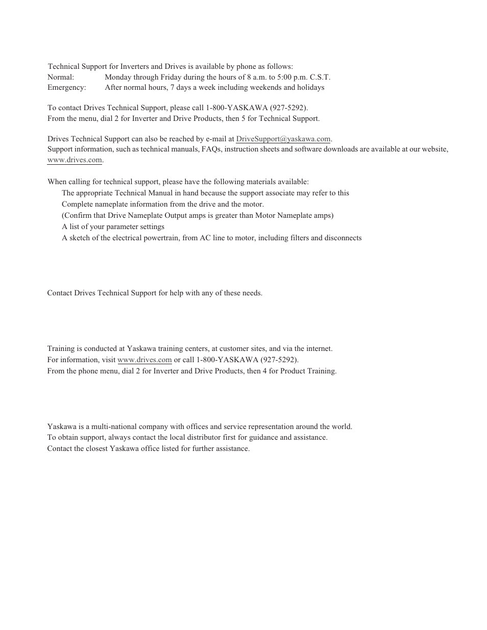 Support services | Yaskawa P7 Drive User Manual User Manual | Page 251 / 252