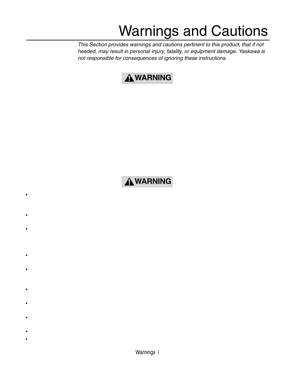 Warnings and cautions, Warning | Yaskawa P7 Drive User Manual User Manual | Page 3 / 252