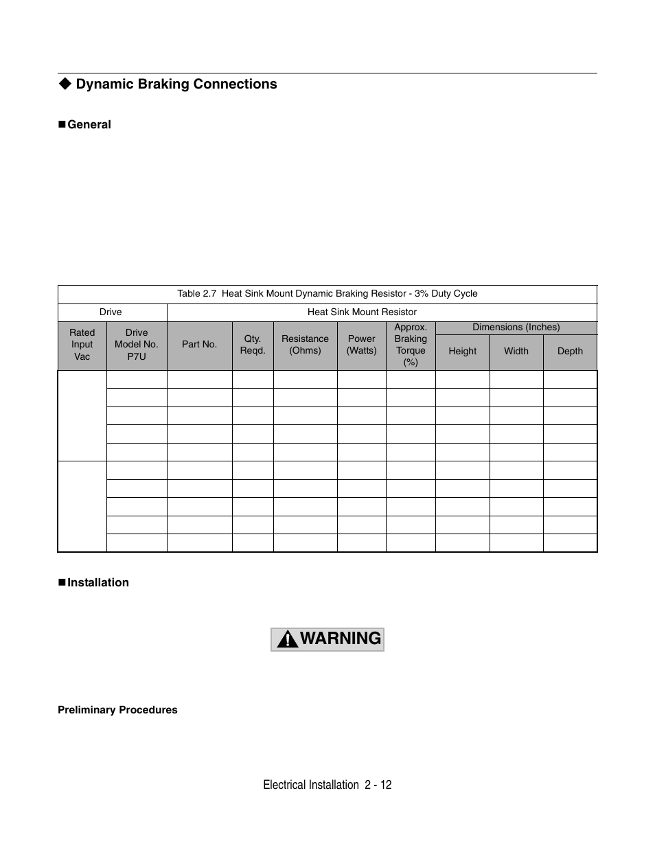 Warning, Dynamic braking connections, Electrical installation 2 - 12 | Yaskawa P7 Drive User Manual User Manual | Page 40 / 252