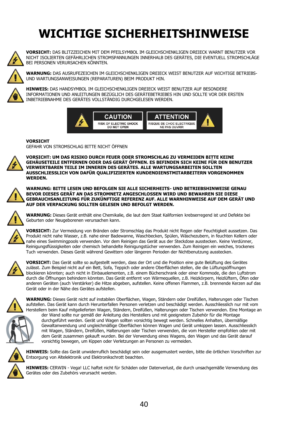 Wichtige sicherheitshinweise | Cerwin-Vega POWERED DESKTOP XD3 User Manual | Page 41 / 53