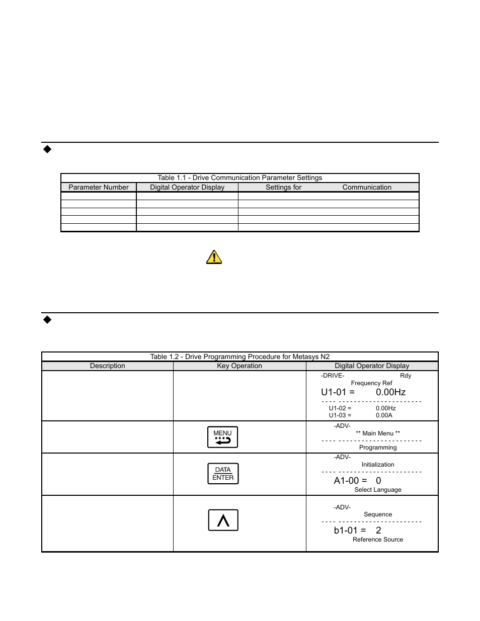 Metasys n2 set-up, Caution, Programming the p7u drive for metasys n2 | Installation 1-5, A1-00 = 0, B1-01 = 2 | Yaskawa P7 Metasys N2 User Manual | Page 11 / 53