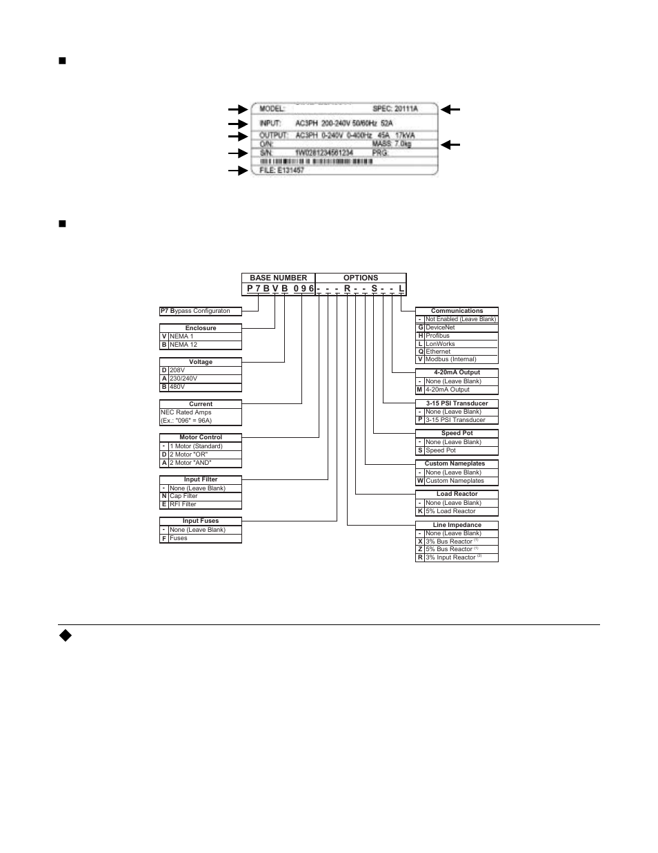 Bypass unit enclosures, Physical installation 1 - 8, Drive nameplate information | Bypass unit model numbers | Yaskawa P7B Drive Bypass User Manual | Page 20 / 291