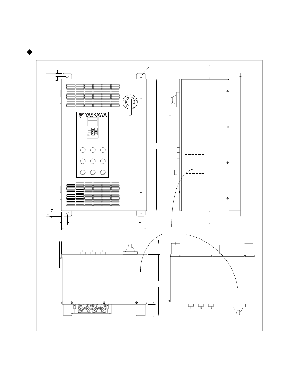 Exterior and mounting dimensions, Physical installation 1 - 17 | Yaskawa P7B Drive Bypass User Manual | Page 29 / 291