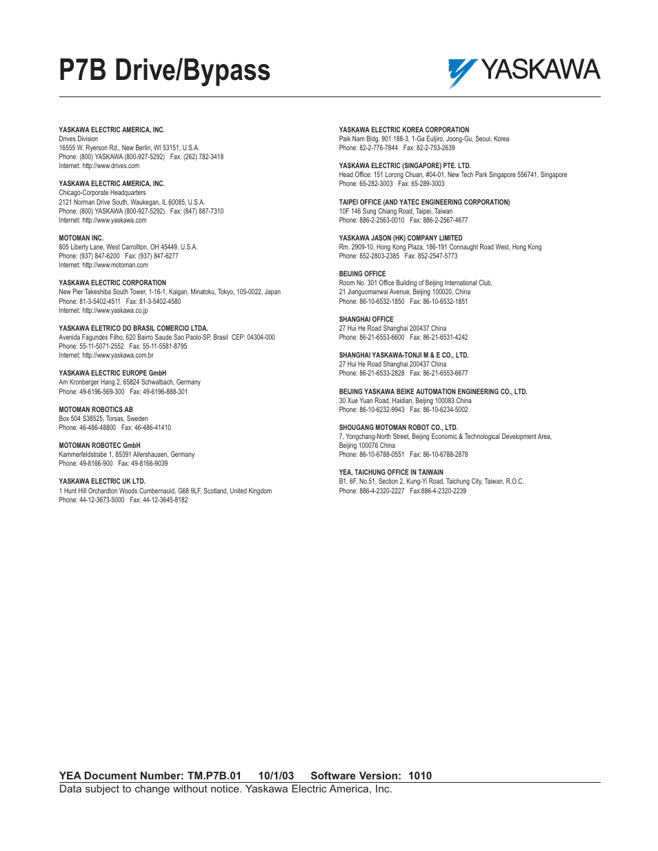 P7b drive/bypass | Yaskawa P7B Drive Bypass User Manual | Page 291 / 291