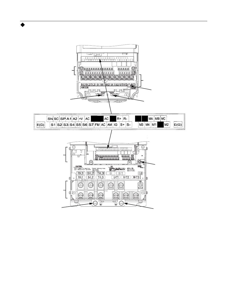 Drive terminal block configuration, Electrical installation 2 - 13, The wiring terminals are shown in figure 2.9 | Ground terminal | Yaskawa P7B Drive Bypass User Manual | Page 51 / 291