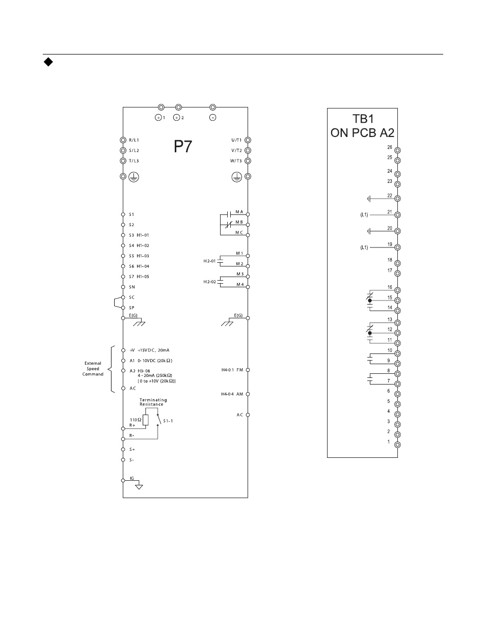 Field wiring diagram, Electrical installation 2 - 18 | Yaskawa P7B Drive Bypass User Manual | Page 56 / 291