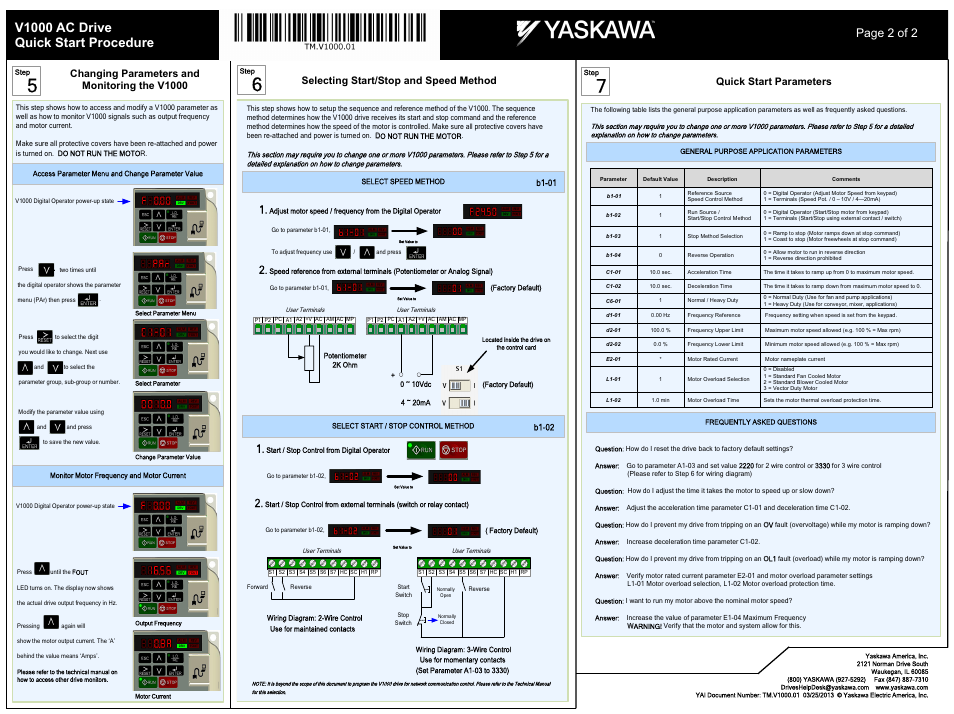 V1000 ac drive quick start procedure, Page 2 of 2, Changing parameters and monitoring the v1000 | Selecting start/stop and speed method, Quick start parameters | Yaskawa SigmaLogic User Manual | Page 2 / 2