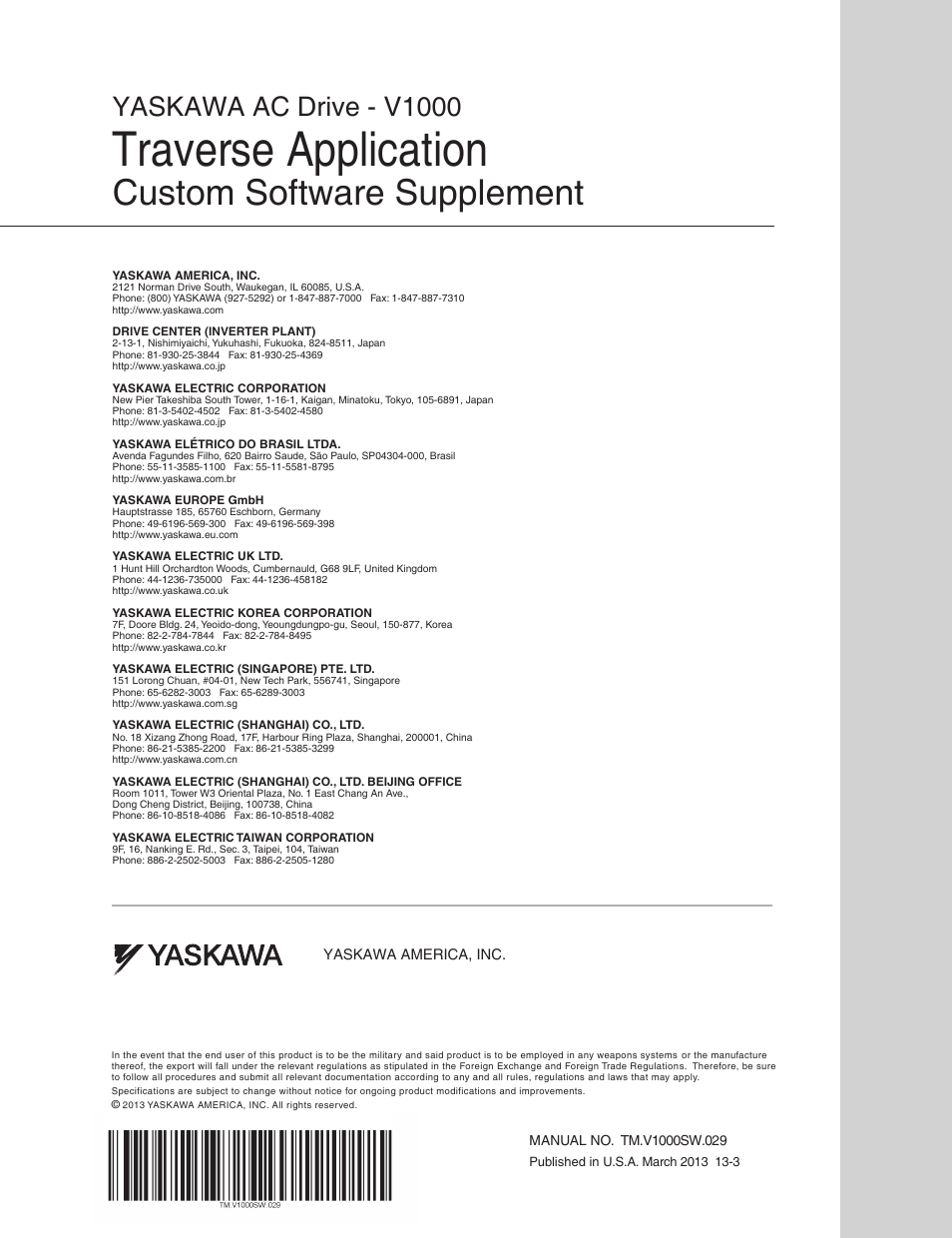 Traverse application, Custom software supplement, Yaskawa ac drive - v1000 | Yaskawa V1000 Traverse Application Custom User Manual | Page 20 / 20
