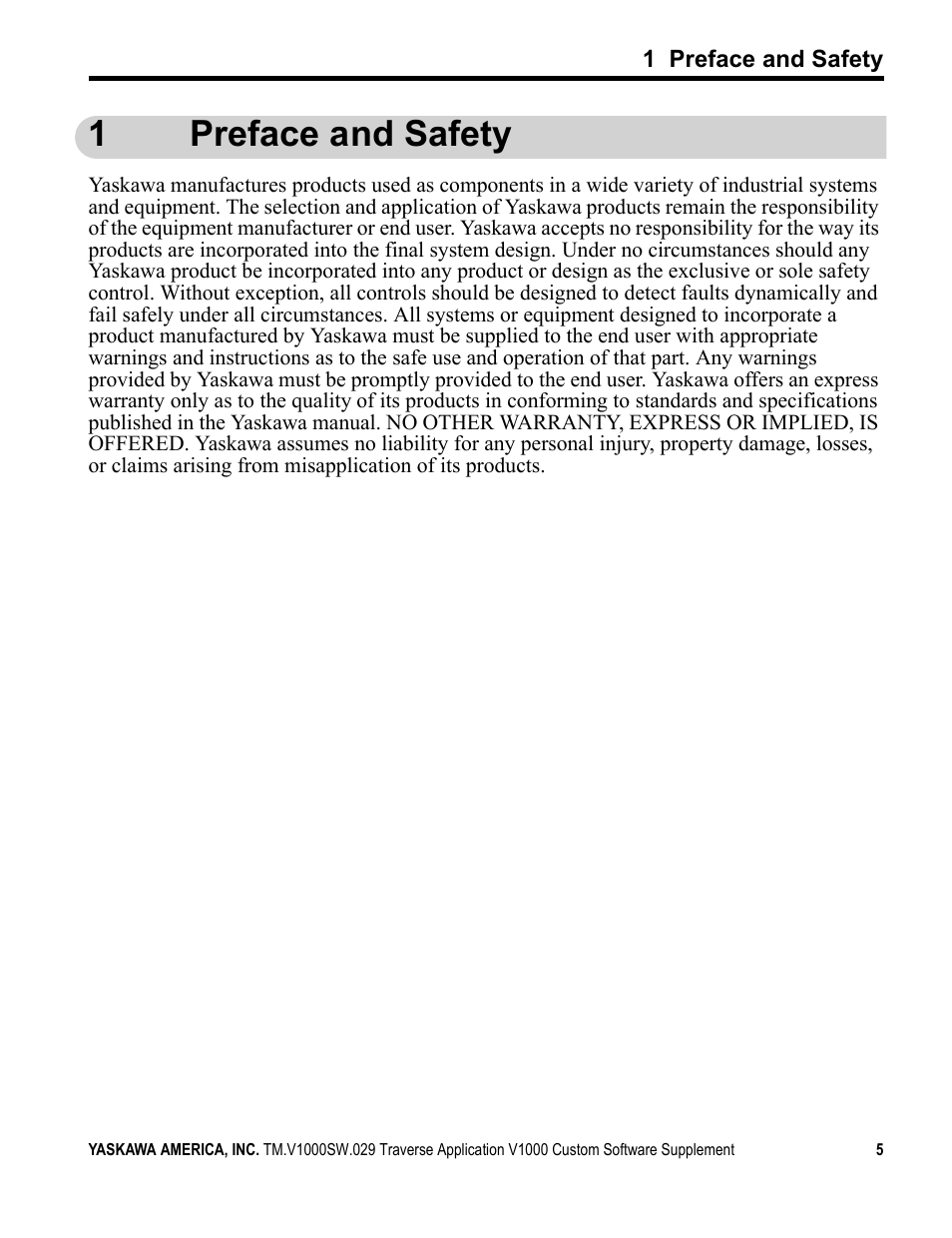 1 preface and safety, 1preface and safety | Yaskawa V1000 Traverse Application Custom User Manual | Page 5 / 20